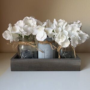 Rustic White Floral Arrangement in Gray Wooden Tray